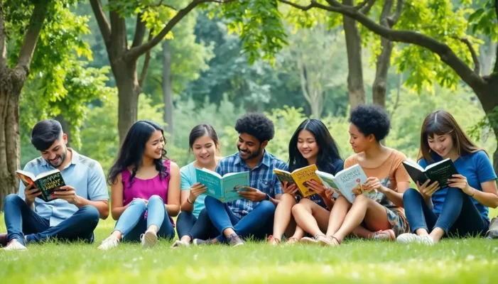 A diverse group of young adults in a park, each engaged with different personal growth books.