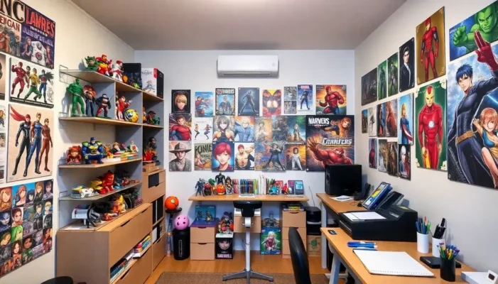 A room filled with shelves of figures, superhero and anime posters, and a desk with art supplies, capturing the essence of a young collector's haven.