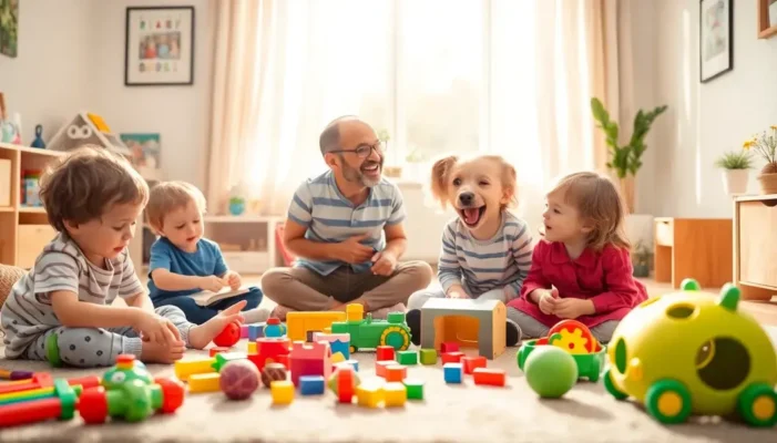 Children and a pet joyfully playing with toys in a bright room, illustrating learning and development through play.